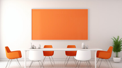 A minimalist meeting room with vibrant orange accents, showcasing an empty white frame against a sleek wall design.