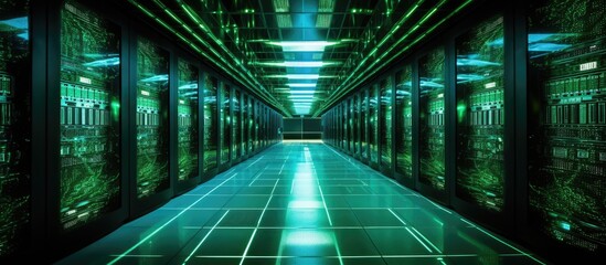 The long hallway in the data center is a symmetrical rectangle with parallel rows of electric blue servers. The flooring is a composite material, adding to the engineering fixture of the space