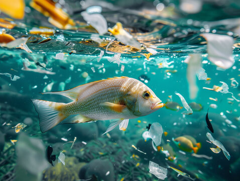 fish in the sea / ocean swimming between trash and plastic waste, water pollution, ecological issue 
