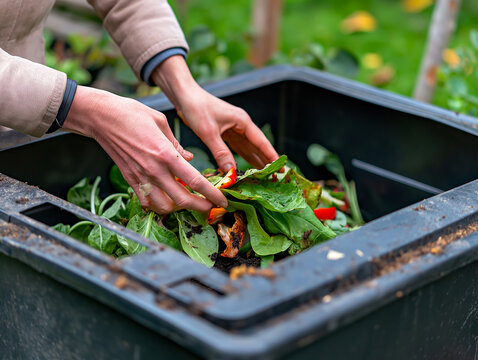 person's hands near compost bin in the garden, ecological and environmental image