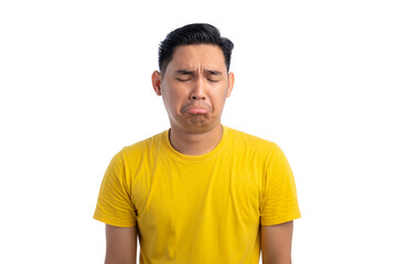 Unhappy Asian man crying with sad and depressed expression isolated on white background. Mental health concept