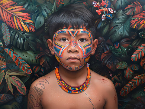 AI-Generated Image: Young Amazonian Child with Traditional Tribal Face Paint