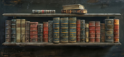 Old books on a bookshelf over a dark background, depicted in a historical style with chronicler.