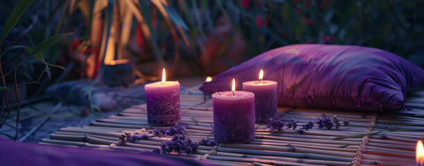 Lavender candles on a slatted rattan bed, in a naturalistic landscape background with dreamy atmospheres. - obrazy, fototapety, plakaty