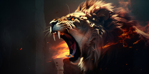 CloseUp Shot of Roaring Lion Nature Animal King of the Jungle Power with dark background
