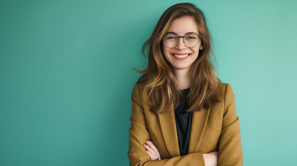 Full length portrait Successful smiling woman wearing eyeglasses on teal color background professional photography - obrazy, fototapety, plakaty