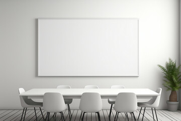 A minimalist gray meeting room with a blank white empty frame.