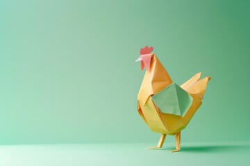 origami Chicken on pastel green background