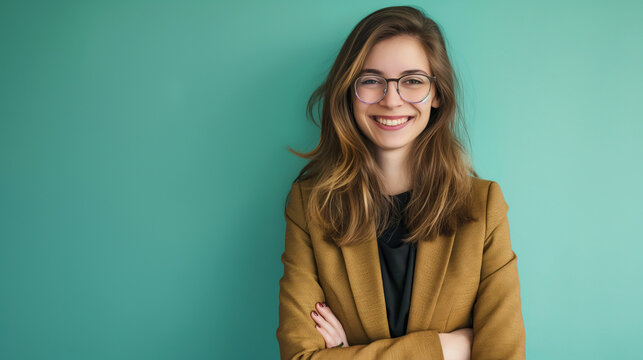 Full length portrait Successful smiling woman wearing eyeglasses on teal color background professional photography