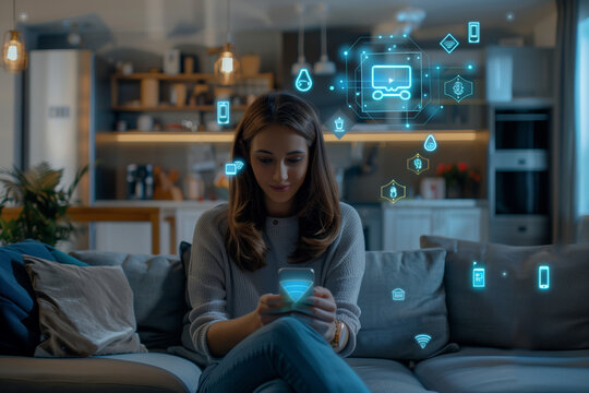 Woman using her cell phone to interact with smart home devices
