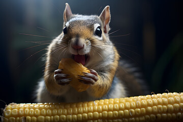 mouse hamster squirrel gnaws and eats corn. rodents and pests. fauna and biology