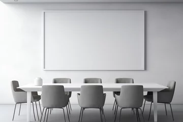 Fototapeten A minimalist gray meeting room with a blank white empty frame. © LOVE ALLAH LOVE
