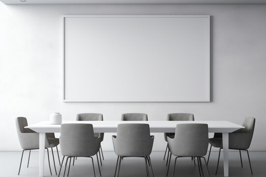 A minimalist gray meeting room with a blank white empty frame.