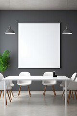 A minimalist gray meeting room with a large whiteboard and a blank white empty frame.