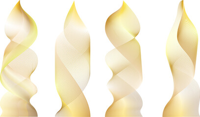 Vector smoke wavy steams on white. Abstract line air flow or transparent flame fire texture. Cigarette trail effect gold isolated fog cloud. Thin soft 3d vertical ribbon set.