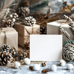 A white blank paper greeting card with eco Christmas decorations, perfect for holiday celebrations and festive events.