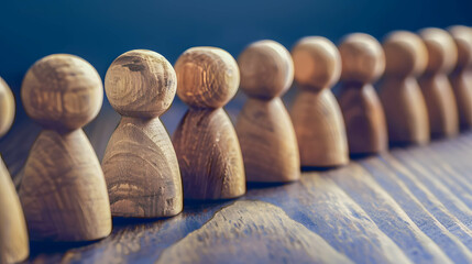 A row of wooden figurines presented on a rustic blue surface, evoking concepts of teamwork and unity.
