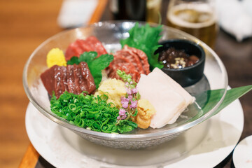 horse meat pieces sashimi or Japanese Basashi. Baniku includes lean meat, superb marbling, mane and liver. Premium meat and famous food in Matsumoto city, Nagano Prefecture, Japan