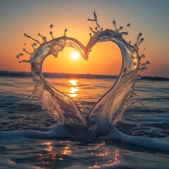 Against the backdrop of the sun rising over the sea, a wave splash formed a beautiful heart shape