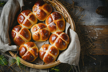 Overhead view of traditional easter hot cross buns, an easter snack - 766777747