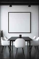A black and white meeting room with a whiteboard wall and a blank white empty frame.