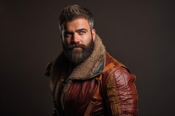 Bearded man, long beard, brutal caucasian hipster with moustache in brown leather jacket on grey background