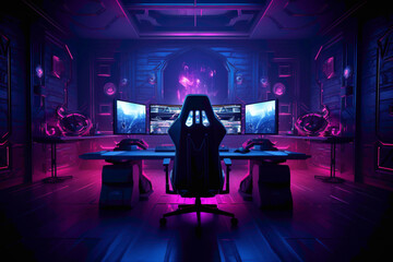 A high-tech gaming setup with a powerful computer station surrounded by LED lights and immersive screens, creating an electrifying atmosphere.