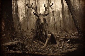Culture and religion, horror, sci-fi concept. Wendigo mythical being creature in forest. Retro vintage old film photography style. Deer looking humanoid creature with horns