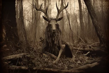 Foto op Plexiglas Culture and religion, horror, sci-fi concept. Wendigo mythical being creature in forest. Retro vintage old film photography style. Deer looking humanoid creature with horns © Rytis