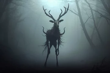 Foto op Plexiglas Culture and religion, horror, sci-fi concept. Wendigo mythical being creature in forest. Deer looking humanoid creature with horns in woods © Rytis
