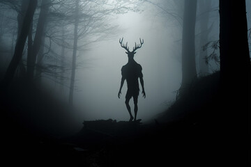 Culture and religion, horror, sci-fi concept. Wendigo mythical being creature in forest. Deer looking humanoid creature with horns in woods - obrazy, fototapety, plakaty