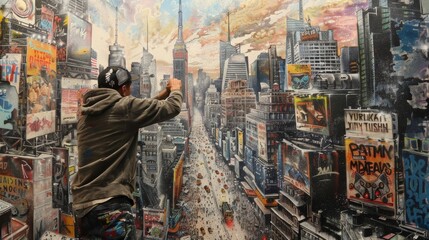 In the midst of a bustling city square a graffiti artist adds finishing touches to a mural featuring iconic buildings and landmarks of the city. Each detail represents a different
