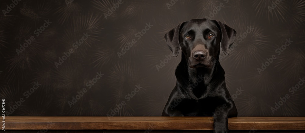 Canvas Prints a carnivorous black dog from a gun dog breed is sitting on a hardwood railing and making eye contact