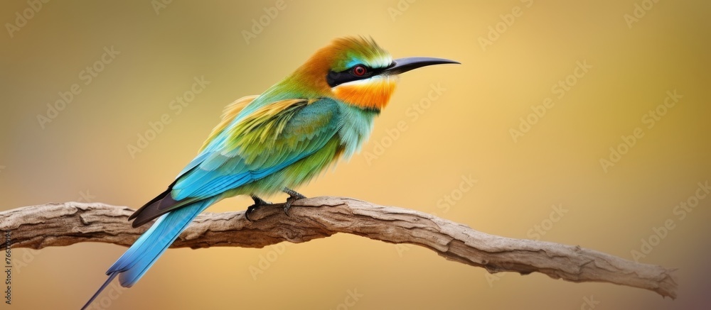 Sticker a vibrant piciformes bird with colorful feathers perched on a twig, showcasing its beak and wing in 