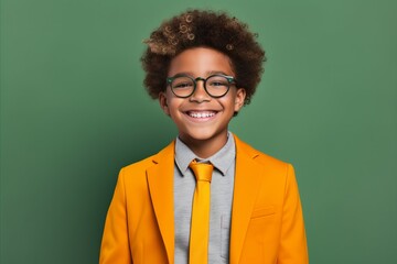 Portrait of cute african american little boy in yellow jacket and eyeglasses - Powered by Adobe