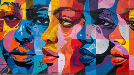 Brightly colored street art featuring faces of individuals from different backgrounds representing the unique and varied perspectives that contribute to the vibrancy of an