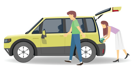 Cartoon vector or illustration of transport electric vehicles car with people to car and keep box from shopping. Can see inside with open back door. Isolated on white background.