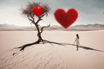 Surreal desolate desert landscape with a dead tree growing a red Valentine Day heart. A young girl in a white dress reaches for the fruit. Abstract concept for hope peace spiritual rebirth