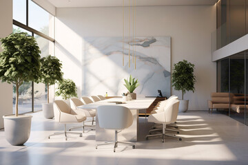 A high-definition capture of a contemporary meeting area with a sleek marble table, modern chairs, and a pristine white frame awaiting customization.