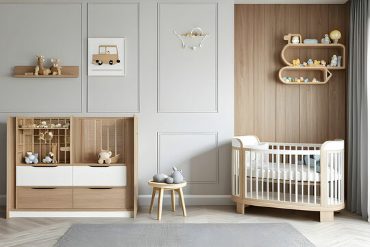 Decorative baby room wooden detail and baby interior.