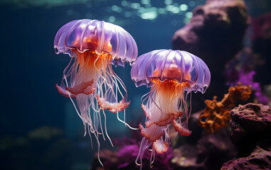 tropical brightly colored jellyfish in the warm waters of the sea. Undersea world.
