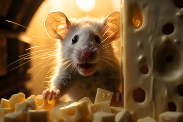 The hamster mouse gnaws and eats cheese. rodents and pests. fauna and biology
