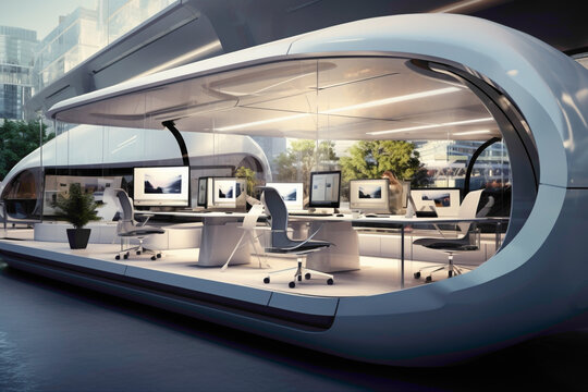 A futuristic pod-like workspace housing a state-of-the-art computer station surrounded by immersive screens and ergonomic seating, designed for ultimate focus.