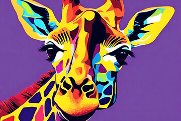 Giraffe. Abstract colorful artistic portrait of a giraffe on a dark purple background in the style of pop art