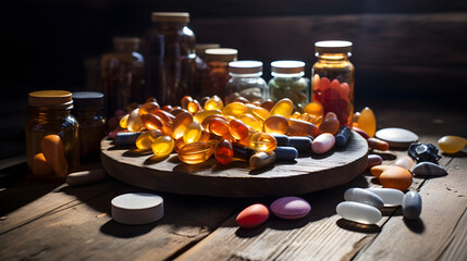 set of different medical capsules with vitamins and medicines in jars. pharmacology and medicine