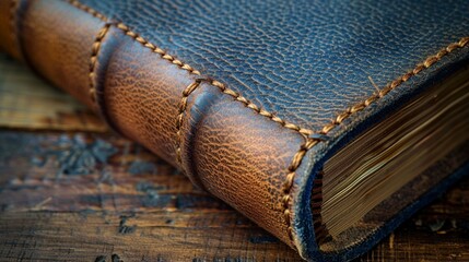 the artistry of bookbinding through a closeup image Showcase the process of handtooling leather covers or handsewing bindings - obrazy, fototapety, plakaty