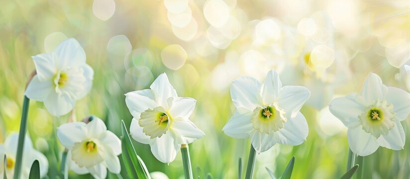 White daffodil flowers blooming in a sunny garden with a soft green natural background, symbolizing the arrival of spring.