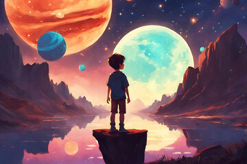 Beautiful scenery showing the young boy standing among glowing planets and holding the star up in the night sky, digital art style, illustration painting - obrazy, fototapety, plakaty