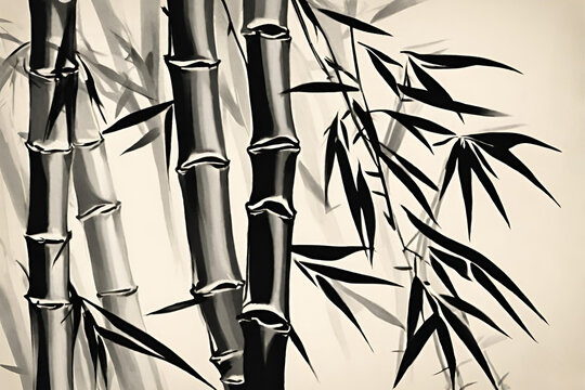 Chinese art Bamboo ink painting in black grey and cream colors