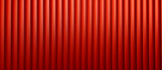 Foto op Plexiglas A close up of a red corrugated metal wall with shades of brown, orange, amber, and magenta creating a pattern of symmetry. Tints of peach and electric blue add contrast © AkuAku